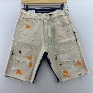 First Row Surfer's Shorts Size 30 Distressed Paint Splatter Denim NWT